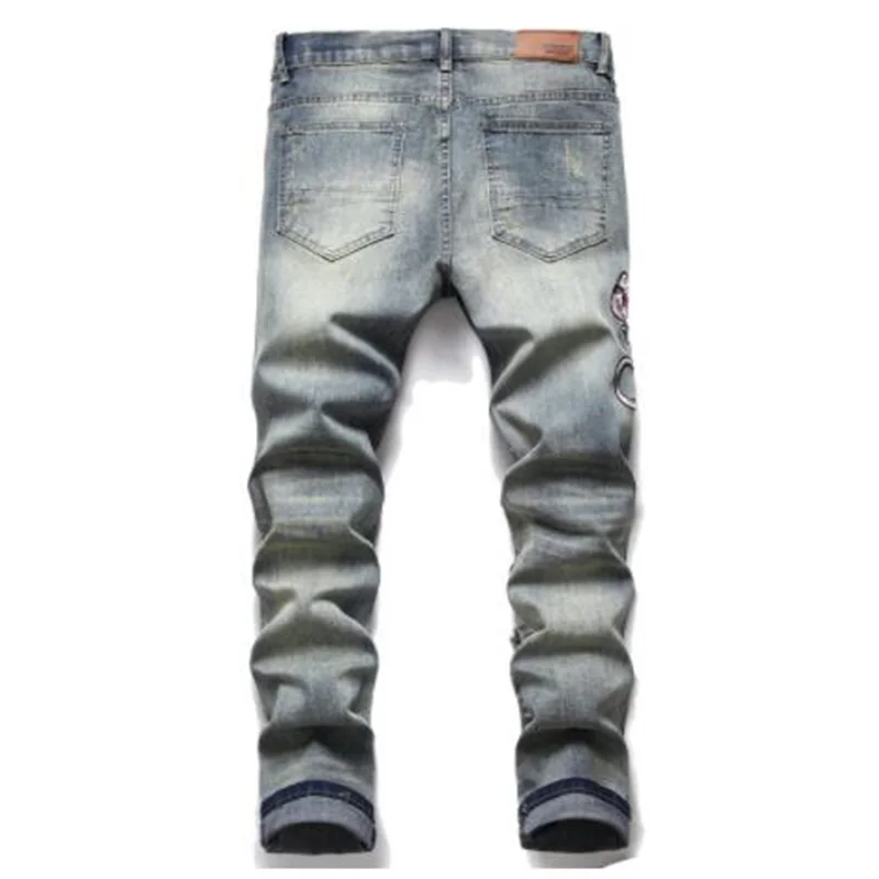 New jeans men's pants trousers джинсы для мужчин American style fashion hipster hole slim stretch embroidered cobra