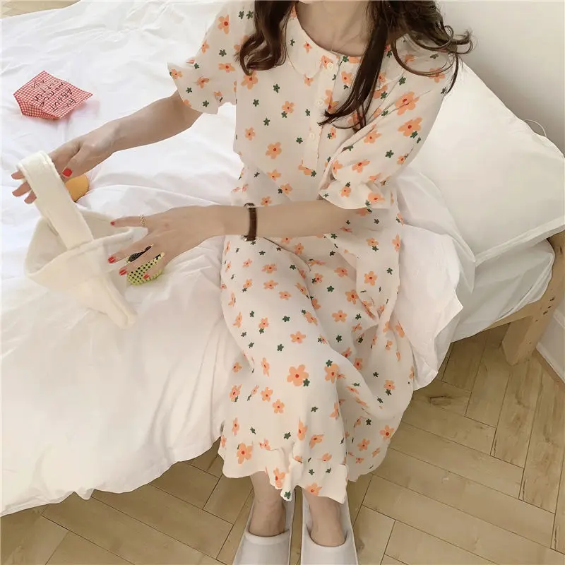Nightgowns Women Popular Floral Girls Leisure Sweet Sleepwear Korean Style Ruffles Turn Down Collar Kawaii Homewear Elegant Ins
