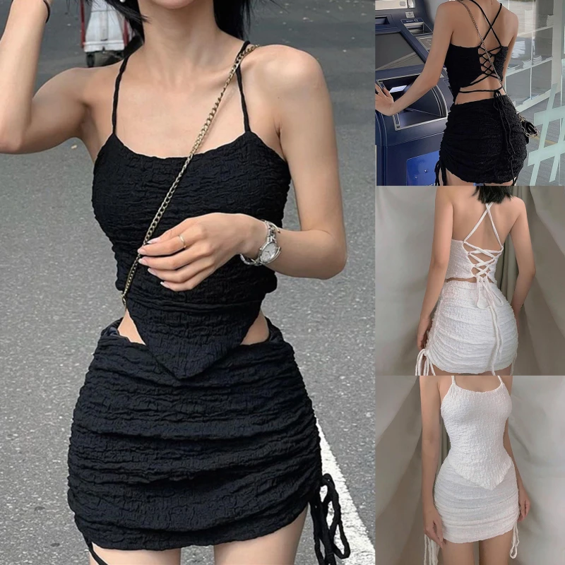 

2022 New Two Piece Outfits Night Out Rave Clubwear Dress Sets Black White Sexy Sleeveless 2 Piece Set Crop Top Mini Skirts