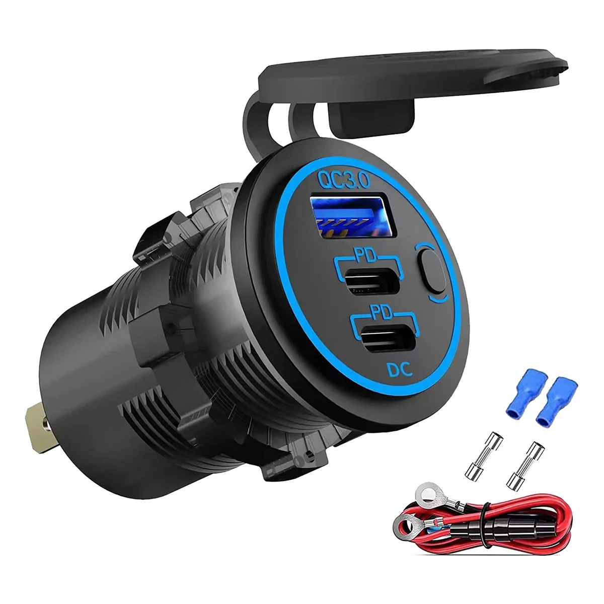 

12V USB Car Charger Adapter Dual PD USB-C Car USB Port Socket with Power Switch, Fast Charge for Car Boat RV Marine ATV