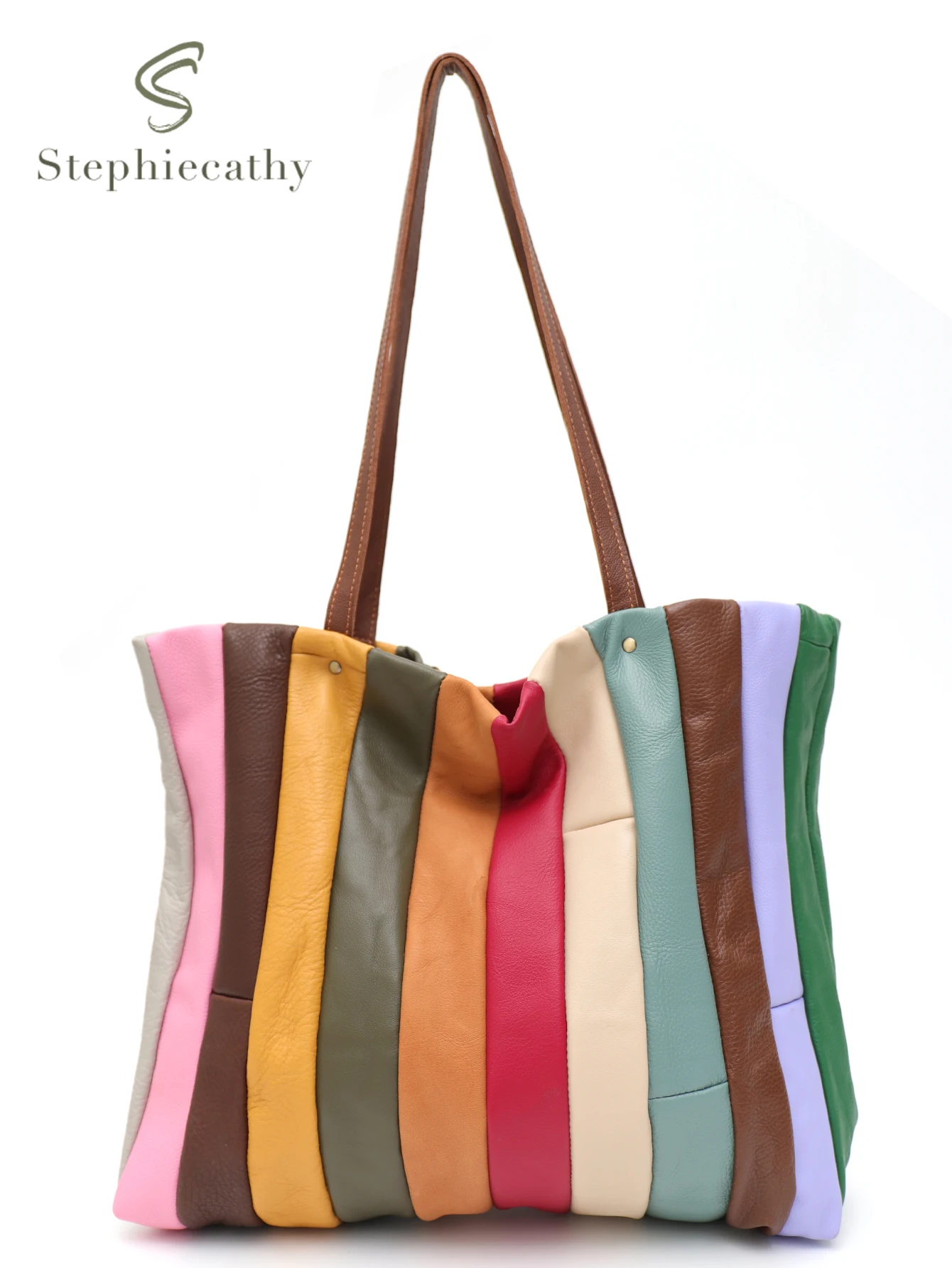 SC Women Large Capacity Tote Genuine Leather Laptop Shoulder Handbag Unique Design Colorful Cow skin Patchwork Purse Shopper Bag