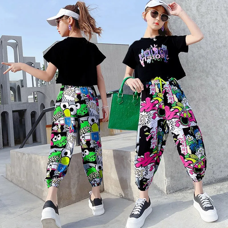 

Summer Kids Clothing Teenage Girls Clothes Sets Casual Short Sleeve Tops + Loose Leg Pants Children Outfits 4 6 8 10 12 14 Year