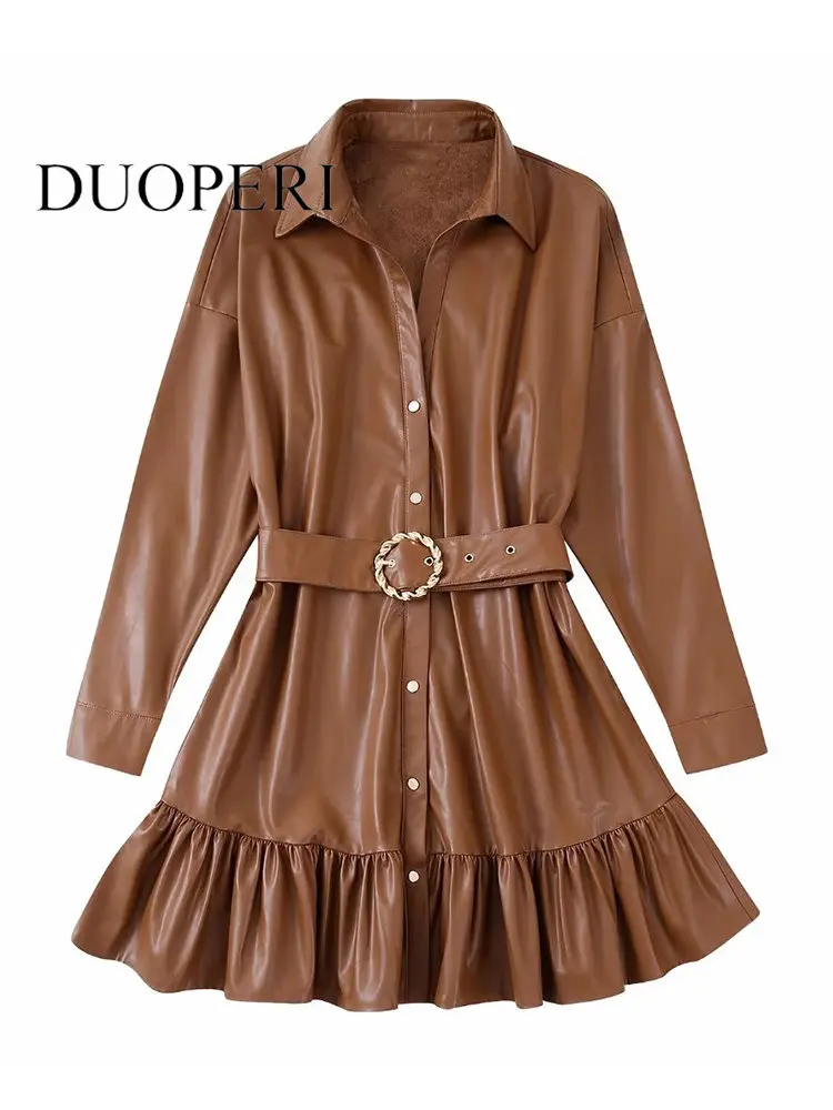 

DUOPERI Women Fashion With Belt PU Solid Single Breasted Mini Dress Vintage Lape Neck Long Sleeves Female Chic Lady Dresses