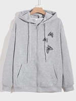 men butterfly print zip up kangaroo pocket drawstring hoodie