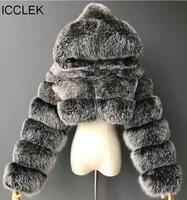 ICCLEK Imitation fur coat hooded imitation fox hair short coat Long sleeve splicing women's coat large