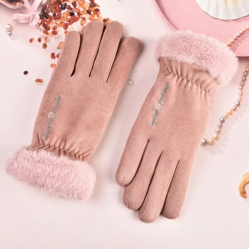 

Fashion Women Winter Warm Suede Leather Touch Screen Glove Female Faux Rabit Fur Embroidery Plus velvet thick driving gloves