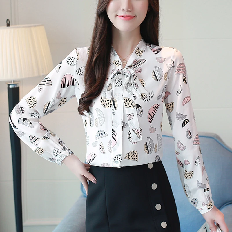 

Женская шифоновая блузка с V-образным вырезом, длинным рукавом и принтом