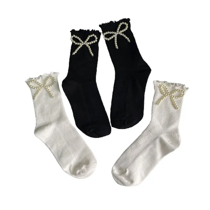 

Pearl Bowknot Ruffles Short Socks Japanese Cute Soft Girl Student Lolita Princess JK Uniform Cotton Ankle Socks Pile Socks Woman