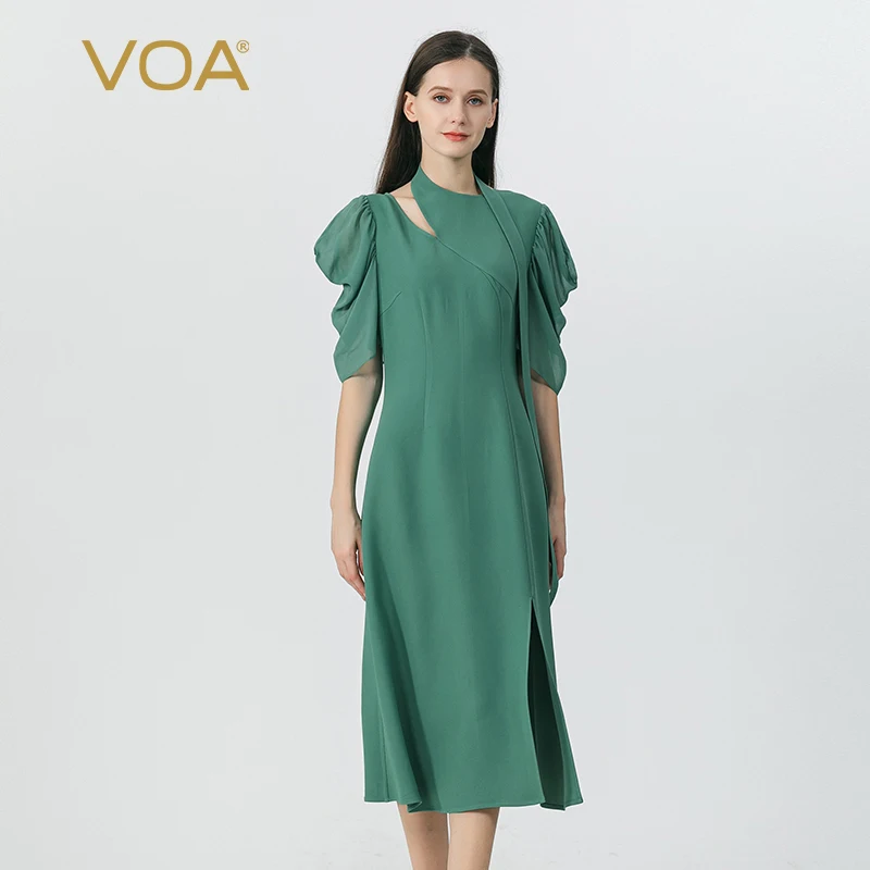 

VOA Green 60 Momme Long Sky Heavyweight Silk Dresses Women Halter Neck Short Sleeves Office Simple Laides Silk Dress AE1721