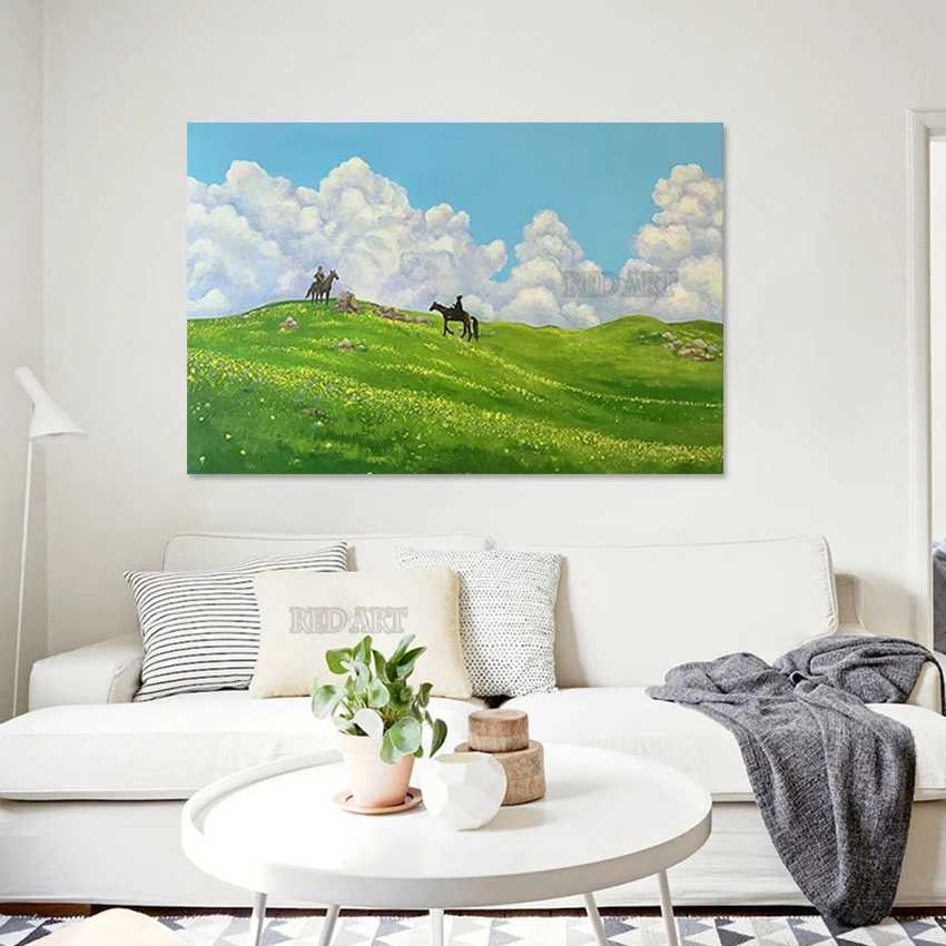 Пастбище пейзаж люди ездящие лошади большая роскошная холщовая картина маслом