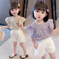 girls summer new fly sleeve floral top shorts two piece set kids clothes girls baby clothes kids boutique clothing wholesale