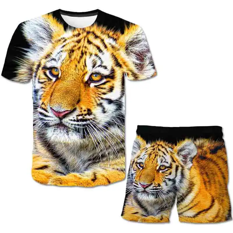 

New kids 3d printed sets cartoon boys tiger style tshirt shorts baby suit kids summer 4-14 years casual clothes 2 piece set