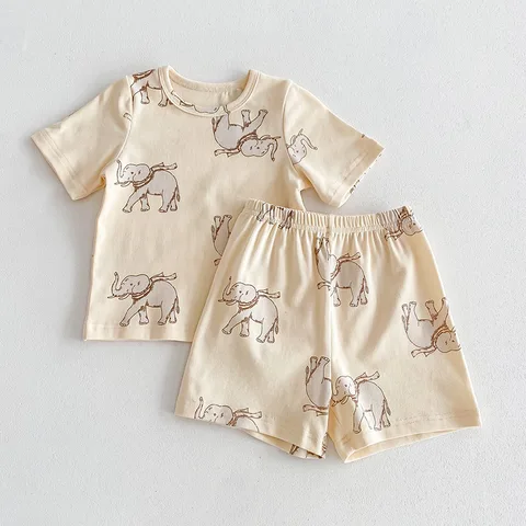 Пижамный комплект летний для мальчиков и девочек, домашняя одежда в скандинавском стиле, детская одежда для сна из чистого хлопка с коротким рукавом, E27502