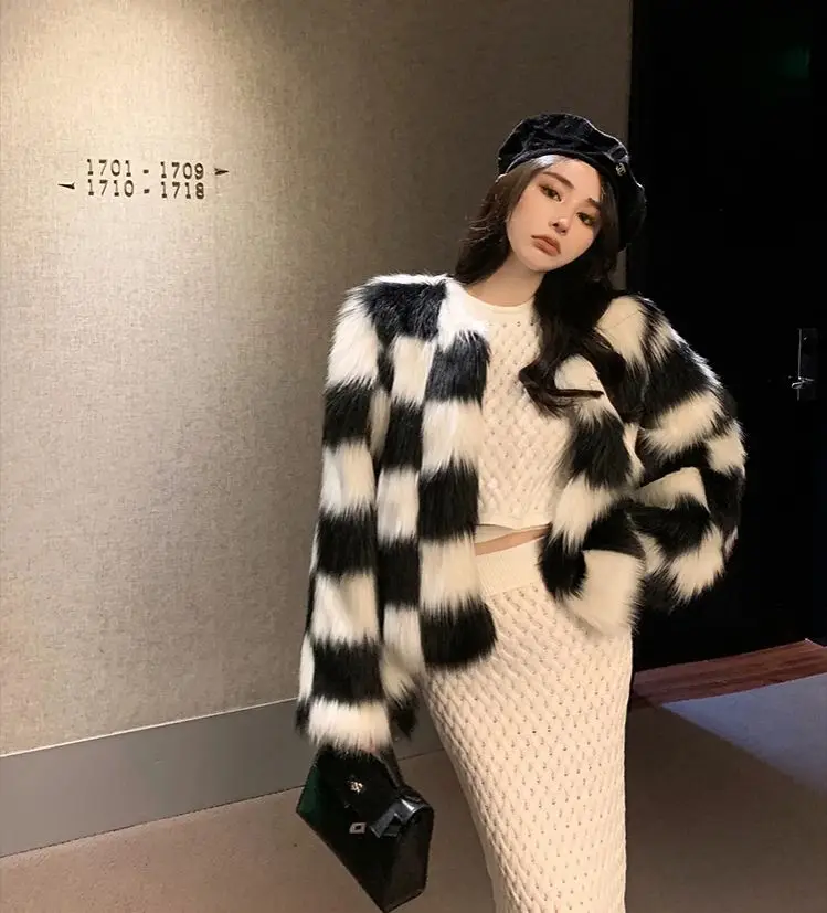 FANIECES черно-белое решетчатое женское пальто из искусственного меха элегантная
