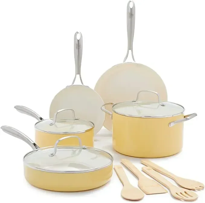 

Artisan Healthy Cooking Non-Stick Ceramic Dishwasher and Oven Safe 12-Piece Pots and Pans Cookware Set, Yellow