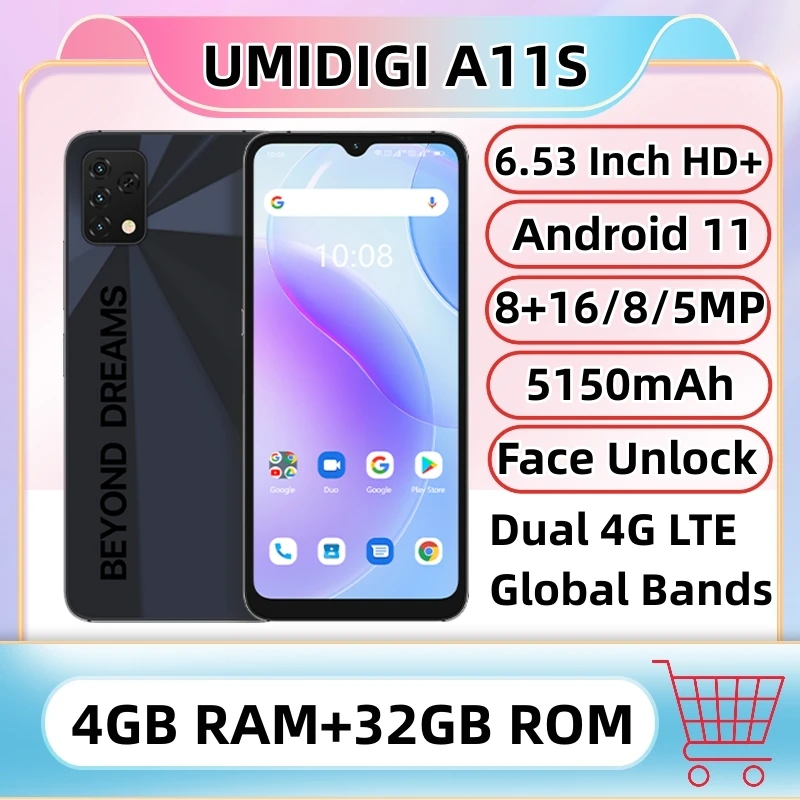 

Global Version UMIDIGI A11S Smartphone 4GB 32GB 5150 MAh Android 11 16MP Triple Camera 6.53" HD+ Large Full Display Mobile Phone