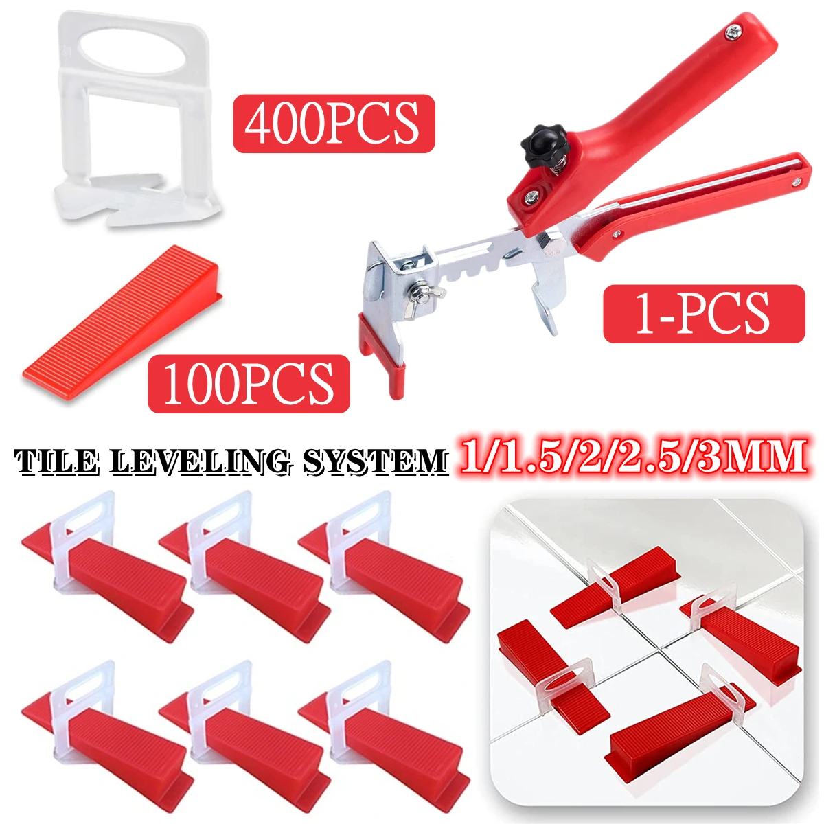 Tile Leveling System Kit - 400Pcs Tile leveler Spacers Clips+100Pcs Reusable Wedge+1Pcs Pliers for Tile Laying Construction Tool