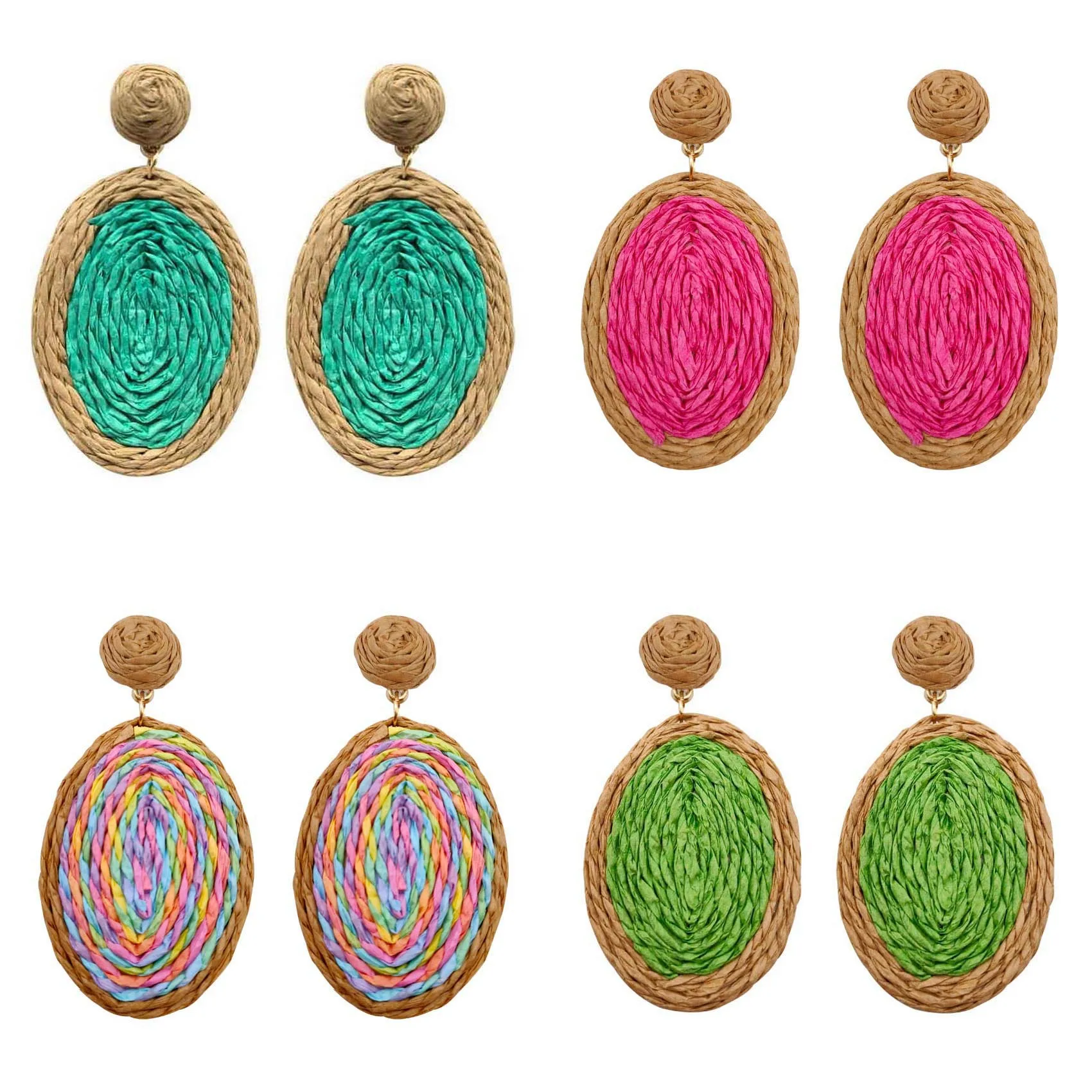 

Handmade Rattan Dyed Lafite Grass Earrings Summer New Exaggerated Color Matching Oval Earrings For Women Jewelry