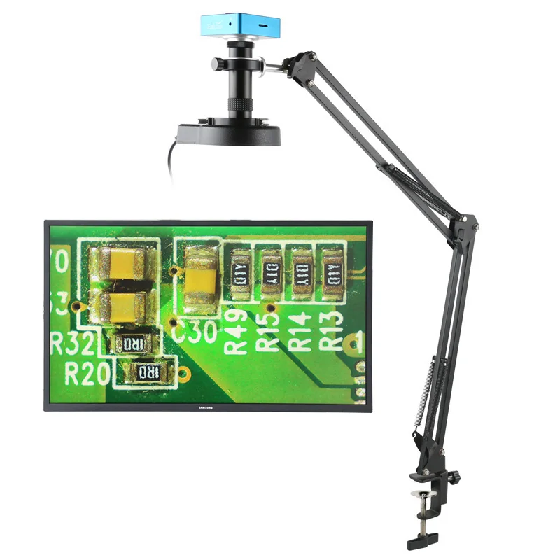 

55MP 4K HDMI USB Industrial Video Microscope Camera 1X-130X Zoom C Mount Lens Cantilever Stand For PCB Repair Soldering