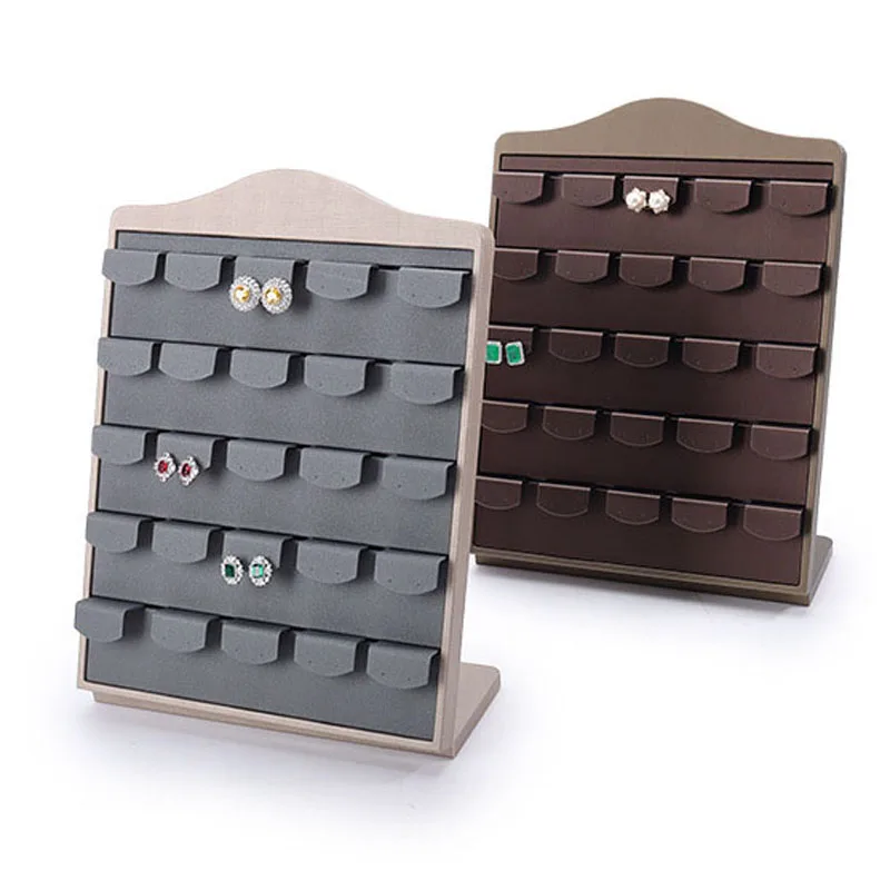 Jewelry Display Stand 25 Pairs Of Earrings Display Stand High-Grade Coffee Color Gray PU Leather Jewelry Counter Display Sta