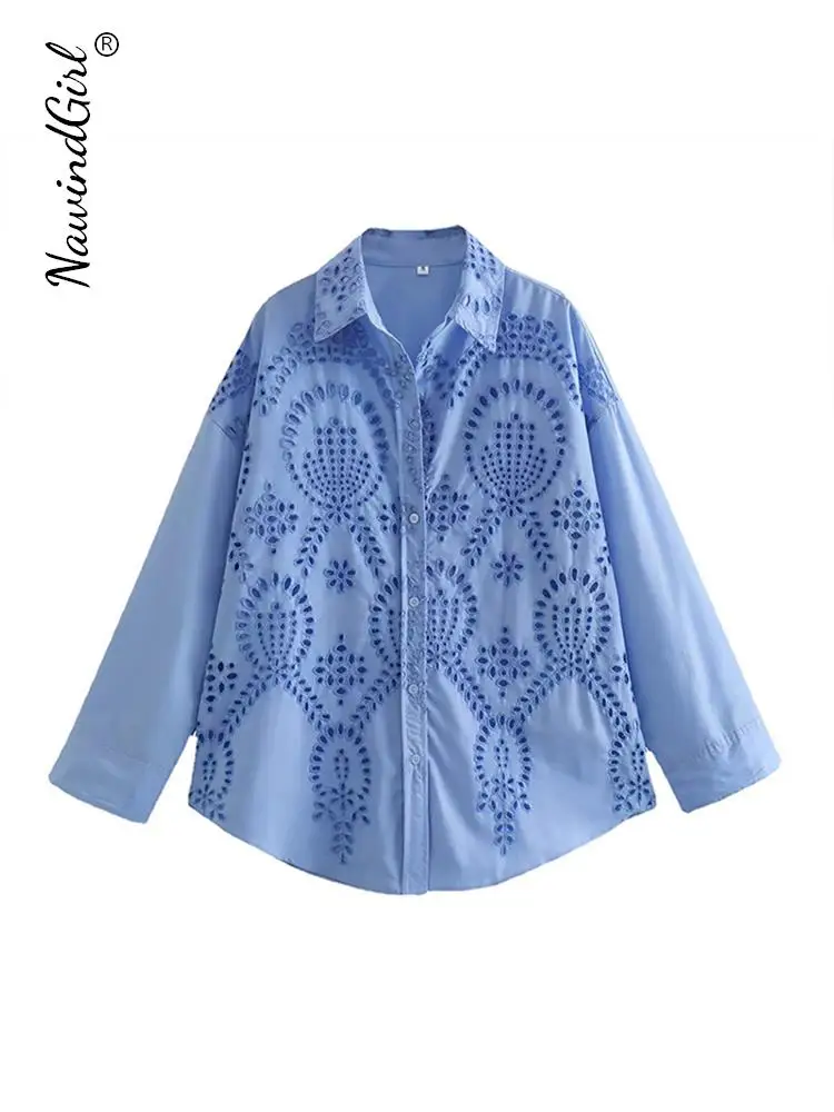 

Embroidery Blue Lapel Shirt Women Casual Loose Long Sleeve Cut Out Shirts for Female 2023 Summer Elegant Button Up Blouses