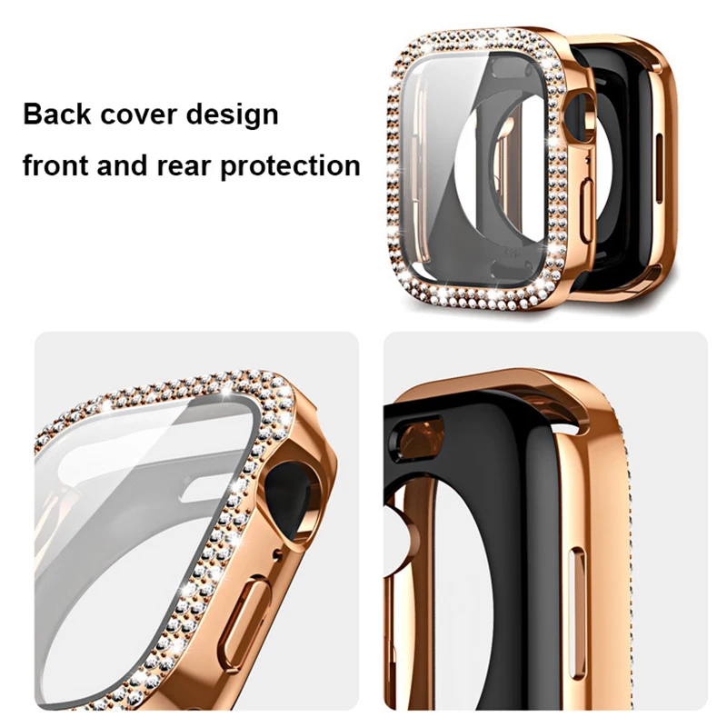 Diamond Case + Back cover For Apple Watch 7 8 45mm 41mm 49mm 44mm 40mm Glass Screen Protector Cover Bumper iWatch 4 5 SE 6 Ultra
