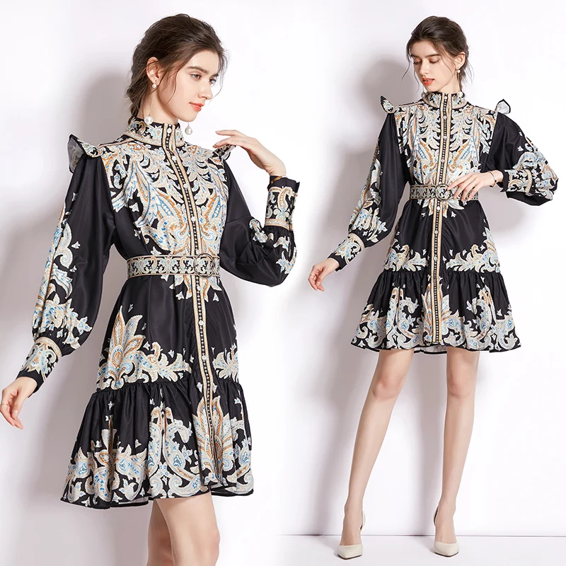 

Spring And Summer New Women's High-End Temperament Stand Collar Small Flying Sleeve Printed Short Fashion Avant-Garde Dress