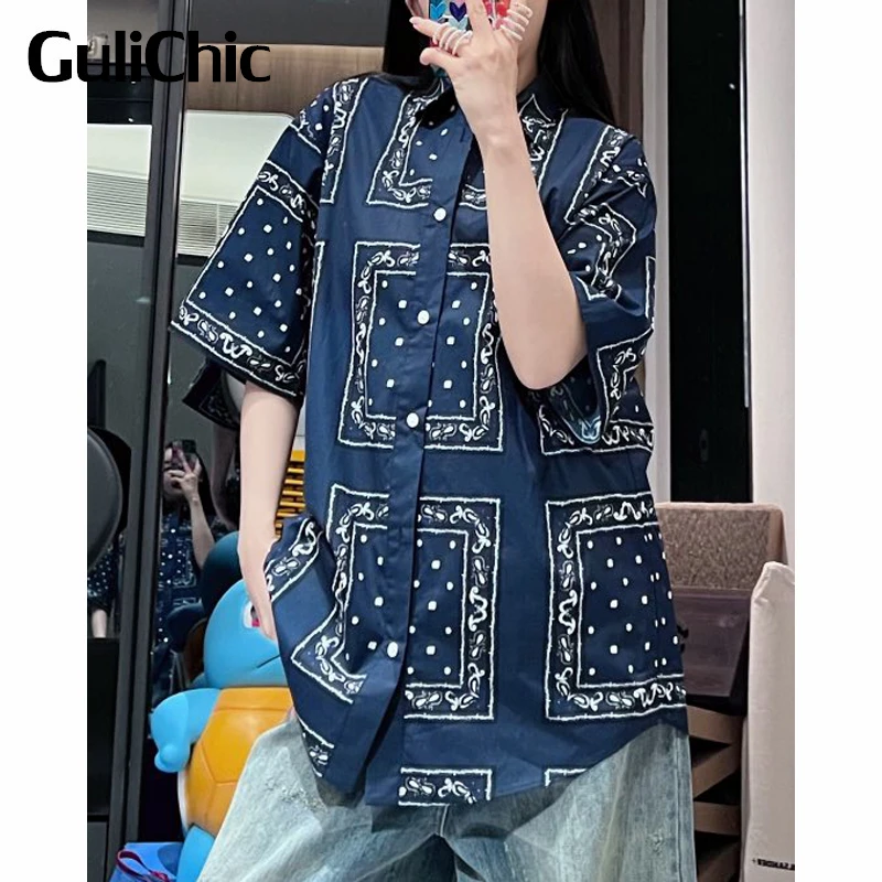 

7.6 GuliChic Women Fashion Vintage Half Sleeve Single Breasted Contrast Color Print Shirt