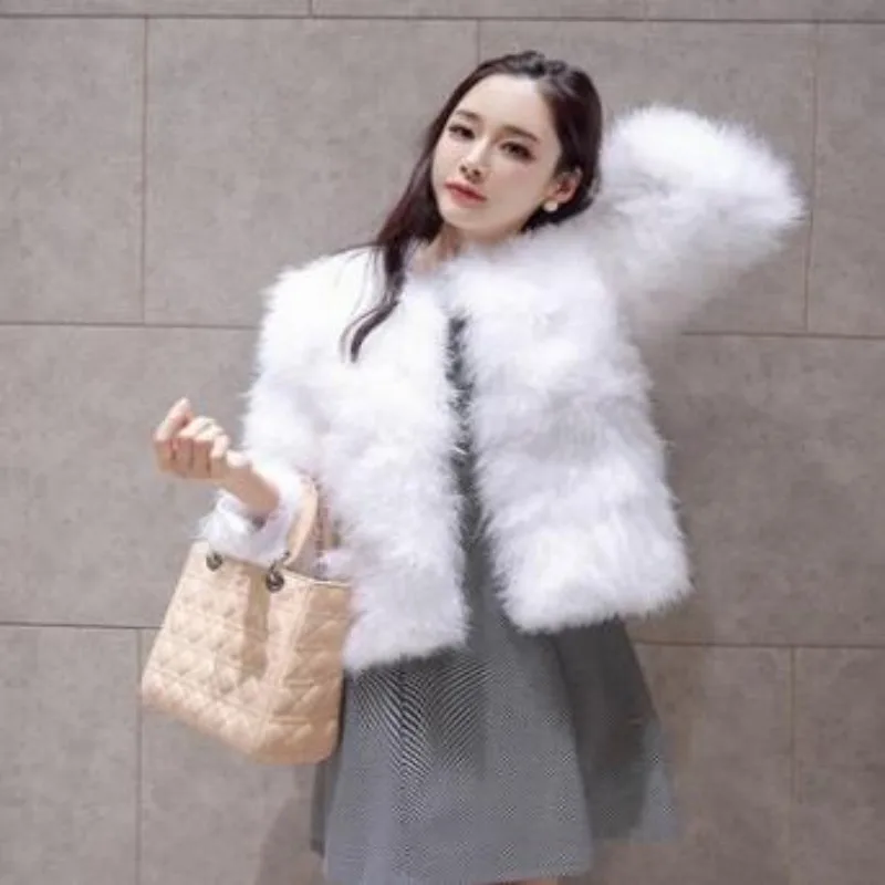 Hot Sale Fluffy Natural Ostrich Feather Coat Short Jacket Women Winter Overcoat