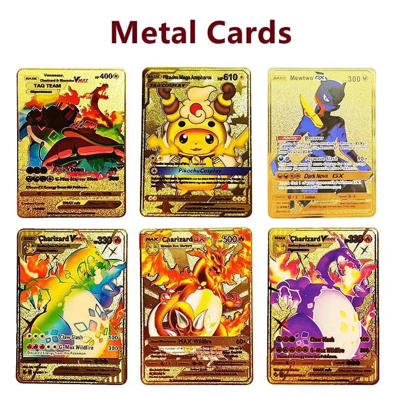 

Pokemon Hard Iron Cards Gold Metal Cards Golden Pokemon Letter Metal Pikachu Mewtwo Charizard Vmax Anime Game Collection Card