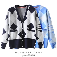spring and autumn new korean version lingge long sleeved outer knitted cardigan british college style tb jacket womens sweater