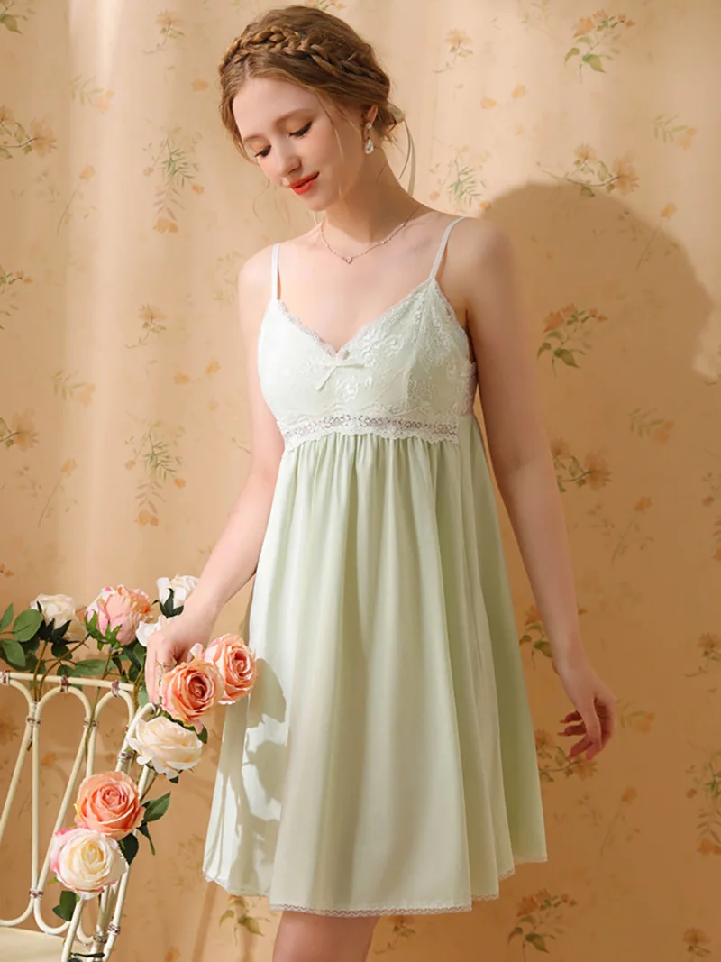 Women Night Dress Cotton Spaghetti Strap Sexy Sleepwear Vintage Princess Nightgowns Victorian Sweet Lace Fairy Pajamas with Pads