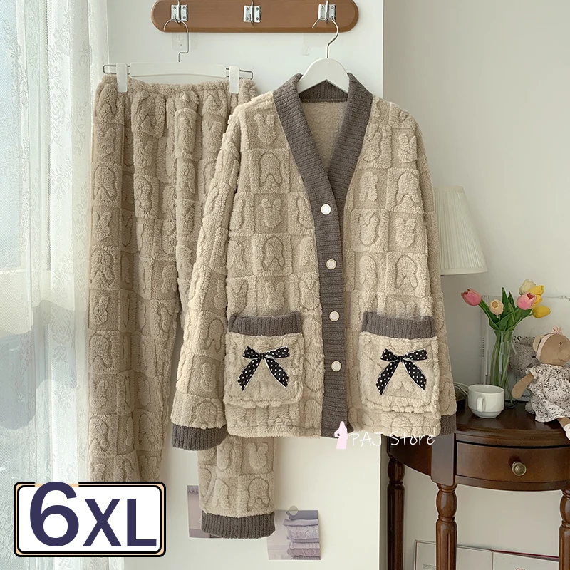 

Женский пижамный комплект, зимняя теплая одежда для сна, Ночная одежда, Фланелевая пижама с длинным рукавом, размеры 2XL-6XL, пижамные комплекты