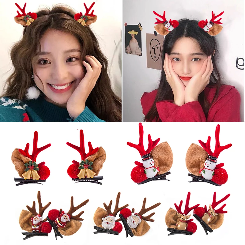 

2Pcs/set Christmas Hair Clips Cartoon Antler Hairpins Girls Headwear Deer Ear Christmas Party Hairgrips Xmas Hair Accessories