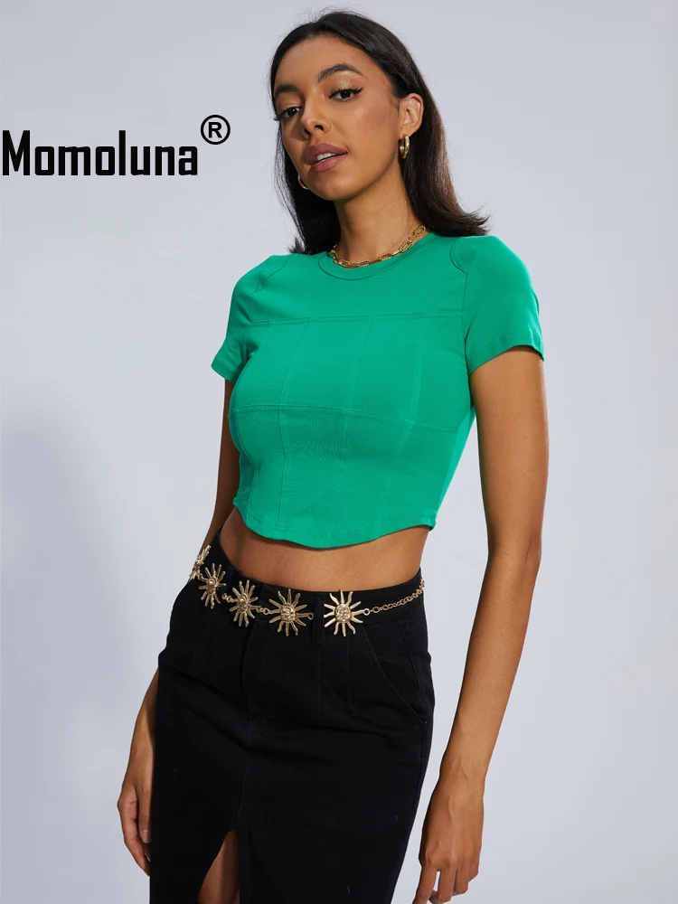 

Momoluna Women Fish Bone Green Blue Short Sleeve Crop Top Tee Tshirt S M