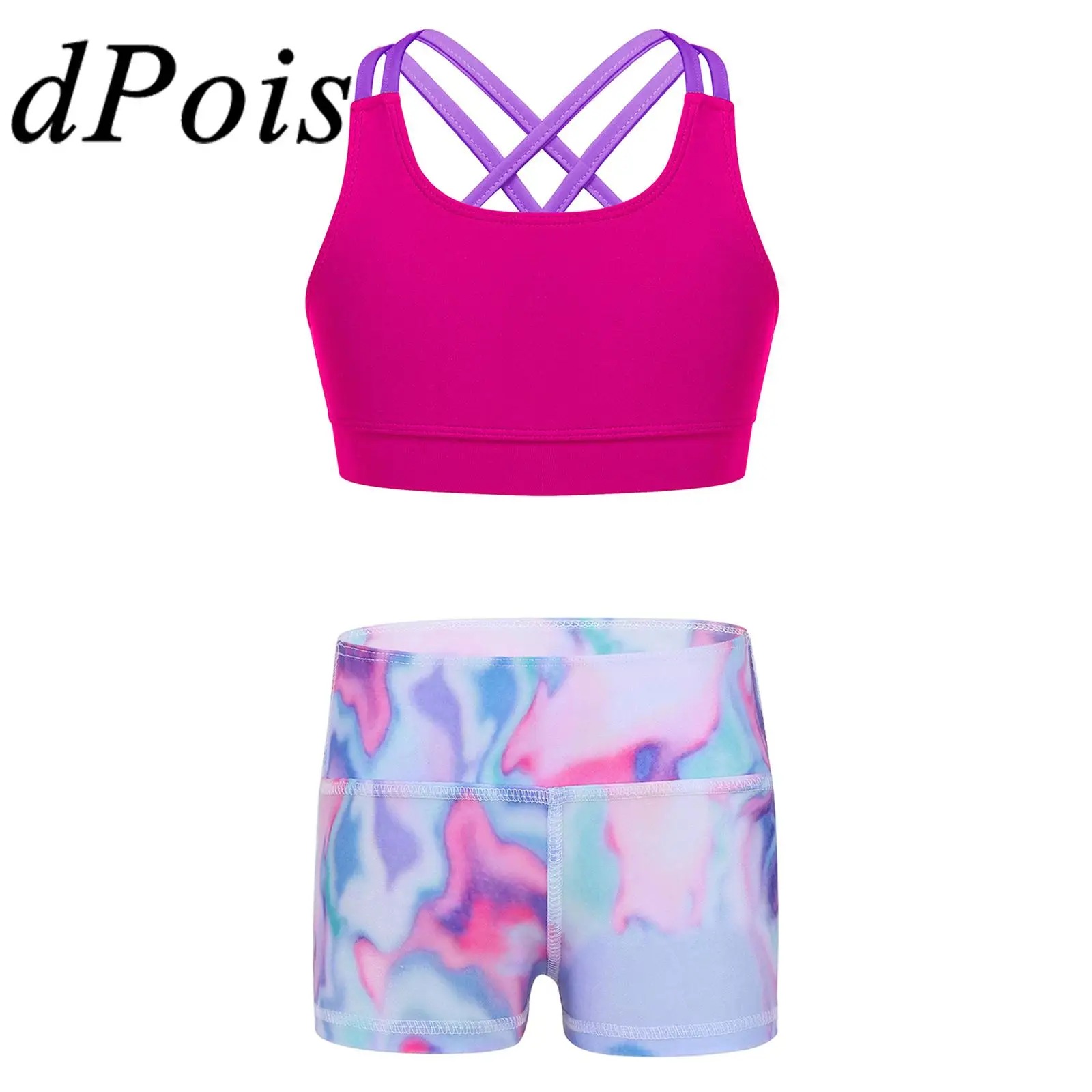 

Children Gymnastics Ballet Outfits Sleeveless Crop Tops + Shorts Set Sportswear for Gym Dance Workout Yoga Kids Girls Sport Suit