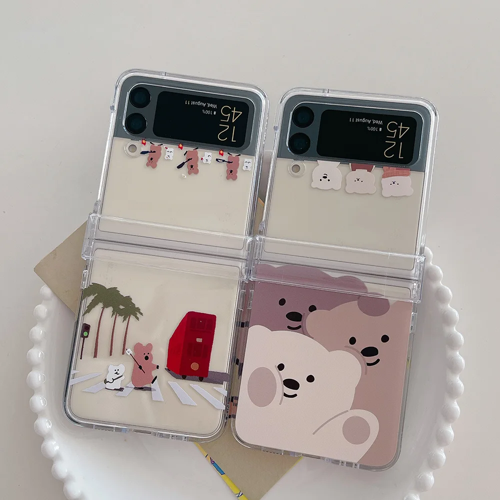 

Korea Cute Cartoon Bear Hinge Phone Case For Samsung Galaxy Z Flip 5 4 3 Z Cover Flip 5 with Chain Pendant Clear Case Hard Cover