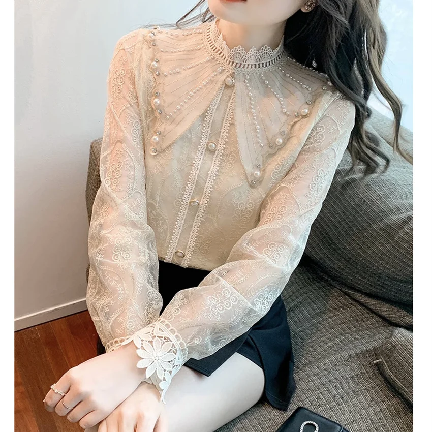 

Gowyimmes 2023 Autumn Winter Women Chiffon Blouses Lady Beading Shirts Lady Long Sleeve Lace Blusas Basic Tops Bottomings PD1694