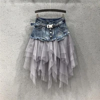 y2k fashion punk mesh splicing irregular skirt 2022 summer new casual all match high waist pleated cupcake a line mini skirts