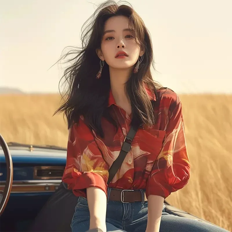 Шифоновая женская рубашка летняя винтажная Свободная блузка с принтом