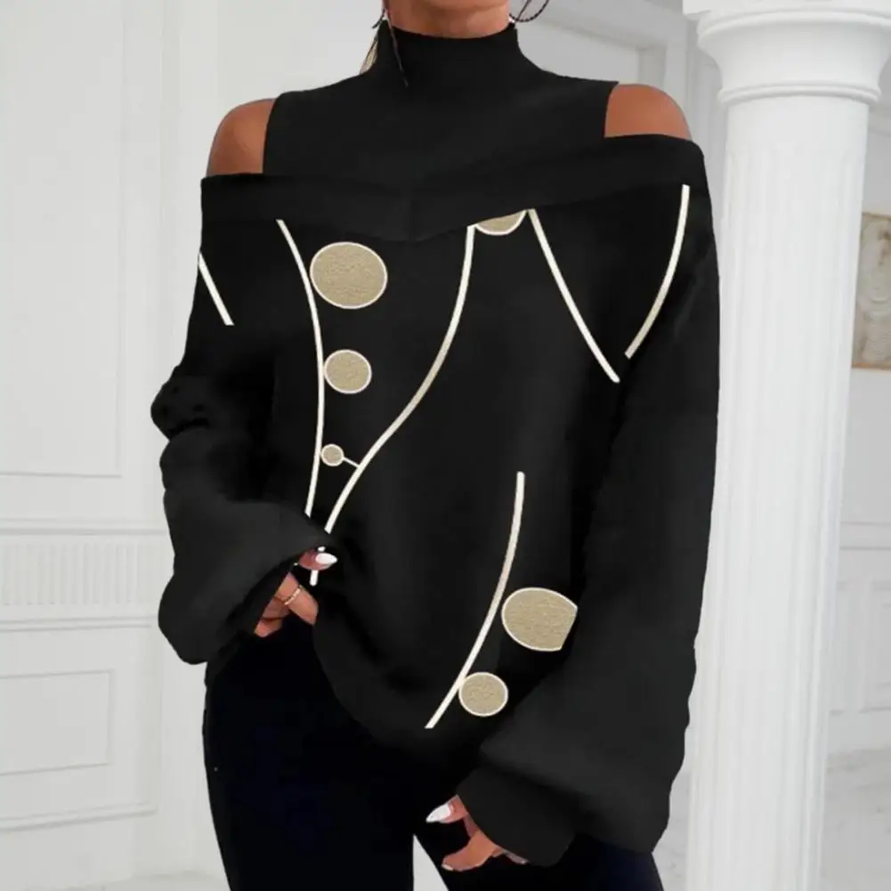 

Half-high Collar Women Tops Contrast Color Print Tops Stylish Women's Autumn/winter High Collar Shoulder Lantern Sleeve Tee