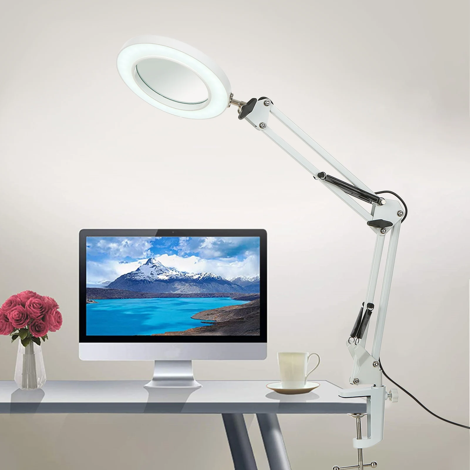 

Flexible Clamp-on Table Lamp with 8x Magnifier Swing Arm Dimmable LEDs Desk Light 3 Color 10 Levels Reading Working Study Light