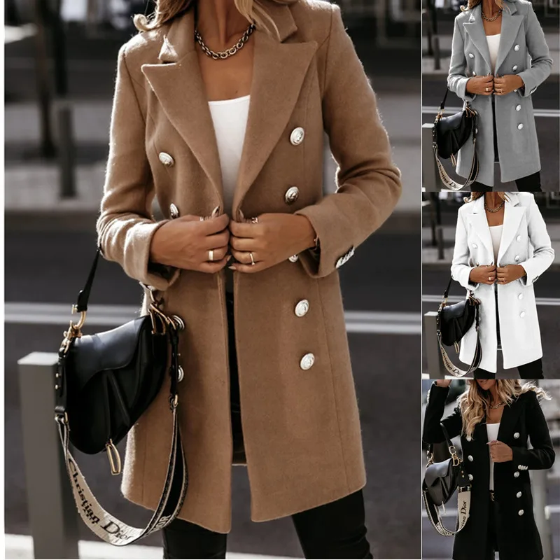 

2023 Autumn/Winter Long Sleeve Suit Collar Double breasted Ni Coat Women