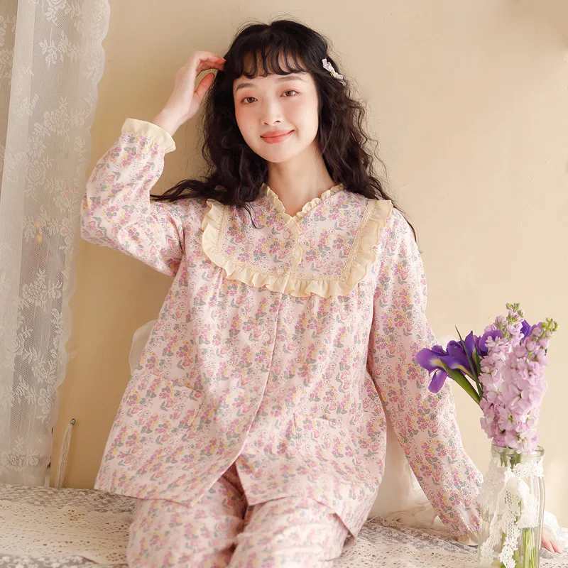 

Пижамный комплект Женский хлопковый с цветочным принтом, Кардиган с длинным рукавом и V-образным вырезом, свободная одежда для сна, домашняя одежда, весна-лето