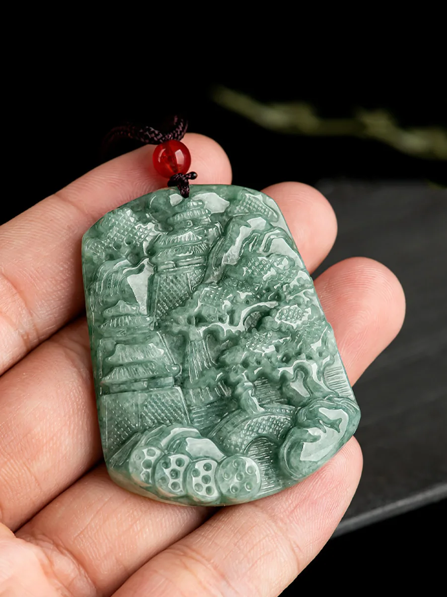 Cuing Fu Genuine Natural a Goods Jade Bean Landscape Brand Pendant Men's and Women's Ss04