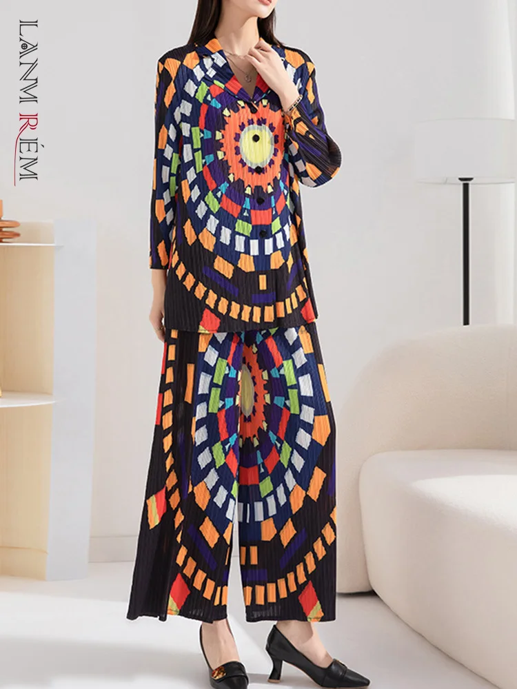 

LANMREM Printed Pleated 2 Piece Set For Women Long Sleeve Single Breasted Shirt High Waist Wide Leg Pants 2023 New Spring 2Q1164