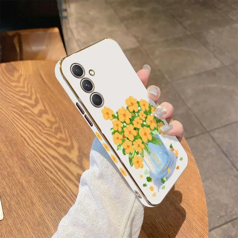 Oil Painting Flower Luxury Plating Phone Case For Samsung Galaxy A54 A34 A24 A73 A53 A52 A52S A04S A04E A72 Cover