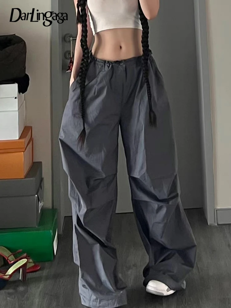 

Darlingaga Streetwear Oversize Drawstring Hippie Tech Low Waist Parachute Pants Female Harajuku Solid Ruched Wide Leg Trousers
