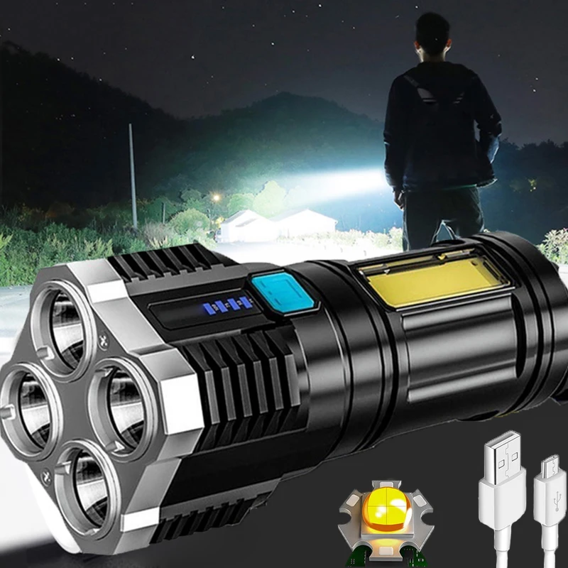 

Фонарик с 4 светодиодами + монолитный блок светодиодов, мощный яркий фонарик с USB-зарядкой и дисплеем мощности, портативный фонарик для дома, ...