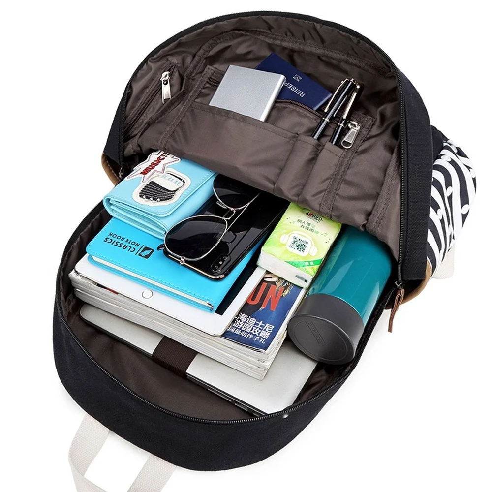 Canvas School Bags Striped Rucksack Casual Daypack Laptop Backpack College Student Bag Backpack , with Lunch Box Bag Pencil Case